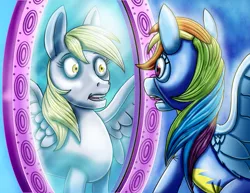 Size: 2786x2153 | Tagged: safe, artist:amalgamzaku, derpibooru import, derpy hooves, rainbow dash, pegasus, pony, clothes, commission, duality, female, looking at each other, mare, mirror, shocked, spread wings, uniform, wings, wonderbolts uniform