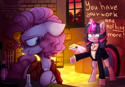 Size: 2000x1400 | Tagged: safe, artist:penek-hemp-grove, derpibooru import, pinkie pie, twilight sparkle, earth pony, pony, unicorn, bags under eyes, clothes, crossover, dr jekyll and mr hyde, dr pinkie and miss pie, duo, eye clipping through hair, female, glowing horn, horn, jacket, letter, magic, mare, raised hoof, song reference, telekinesis, unicorn twilight, vial, window