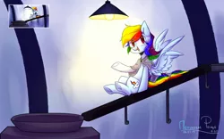 Size: 1280x800 | Tagged: safe, artist:penek-hemp-grove, derpibooru import, rainbow dash, pegasus, pony, fanfic:rainbow factory, rainbow dash presents, cape, captain hook the biker gorilla, clothes, conveyor belt, cute, cutie mark, dashabetes, female, mare, open mouth, pegasus device, raised hoof, scene interpretation, screencap reference, sitting, sliding, solo, spread wings, this will end in death, this will end in pain, this will end in tears, this will end in tears and/or death, wings