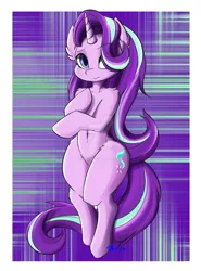 Size: 1280x1726 | Tagged: safe, artist:9air, derpibooru import, starlight glimmer, semi-anthro, unicorn, abstract background, belly button, bipedal, deviantart watermark, female, hair over one eye, looking at you, mare, obtrusive watermark, raised eyebrow, solo, watermark