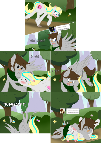 Size: 2002x2816 | Tagged: safe, artist:phoenixswift, derpibooru import, oc, oc:fuselight, oc:scute, unofficial characters only, pegasus, pony, unicorn, ask fuselight, blushing, blushing ears, ear blush, female, food, ice cream, magic, male, mare, stallion, swirly eyes, tripping