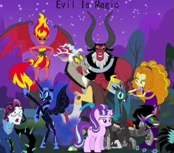 Size: 539x475 | Tagged: artist needed, safe, derpibooru import, adagio dazzle, discord, king sombra, nightmare moon, principal abacus cinch, queen chrysalis, starlight glimmer, sunset shimmer, alicorn, equestria girls, black vine, disharmony, evil, flying, image, looking at you, looking down, looking up, night, png, s5 starlight, stock vector, sunset satan, wings