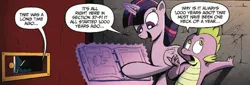 Size: 1098x375 | Tagged: safe, artist:andypriceart, derpibooru import, idw, queen chrysalis, spike, twilight sparkle, twilight sparkle (alicorn), alicorn, changeling, changeling queen, dragon, pony, spoiler:comic, spoiler:comicfiendshipismagic5, 1000 years ago, female, lampshade hanging, magic, magic aura, male, mare, official comic, speech bubble, telekinesis