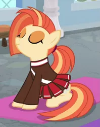 Size: 597x754 | Tagged: safe, derpibooru import, screencap, shimmy shake, earth pony, pony, 2 4 6 greaaat, cheerleader, cheerleader outfit, clothes, cropped, cute, eyes closed, female, mare, pleated skirt, ponytail, sitting, skirt, solo