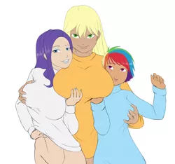 Size: 3312x3105 | Tagged: applejack, artist:eve-ashgrove, big breasts, bottomless, breast grab, breast hold, breasts, busty applejack, busty rainbow dash, busty rarity, clothes, derpibooru import, grope, height difference, human, humanized, looking at you, partial nudity, rainbow dash, rarity, simple background, smiling, smoldash, suggestive, sweater, white background