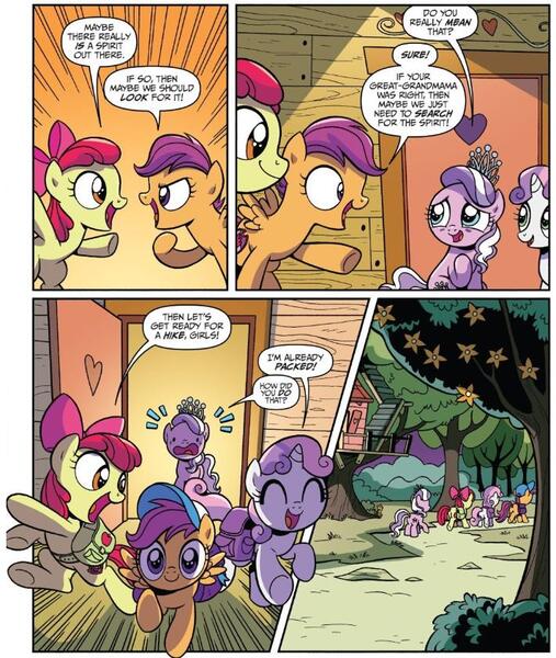 Size: 711x842 | Tagged: apple bloom, artist:brendahickey, bag, baseball cap, cap, cute, cutealoo, cutie mark crusaders, derpibooru import, diamond tiara, diasweetes, hat, idw, saddle bag, safe, scootaloo, spoiler:comic, spoiler:comicspiritoftheforest03, sweetie belle