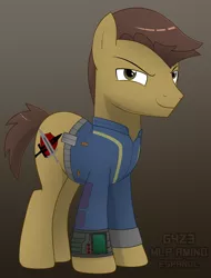 Size: 1294x1699 | Tagged: safe, derpibooru import, oc, oc:shield inv, unofficial characters only, pony, fallout equestria, fanfic, brown eyes, brown mane, clothes, commission, cutie mark, fanfic art, hooves, jacket, male, pipbuck, solo, stallion, vault suit