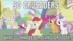 Size: 638x361 | Tagged: safe, derpibooru import, edit, edited screencap, editor:undeadponysoldier, screencap, apple bloom, scootaloo, spike, sweetie belle, dragon, earth pony, pegasus, pony, unicorn, the cutie pox, best friends, cutie mark crusaders, female, filly, hanging out, male, quill, scroll, to do list