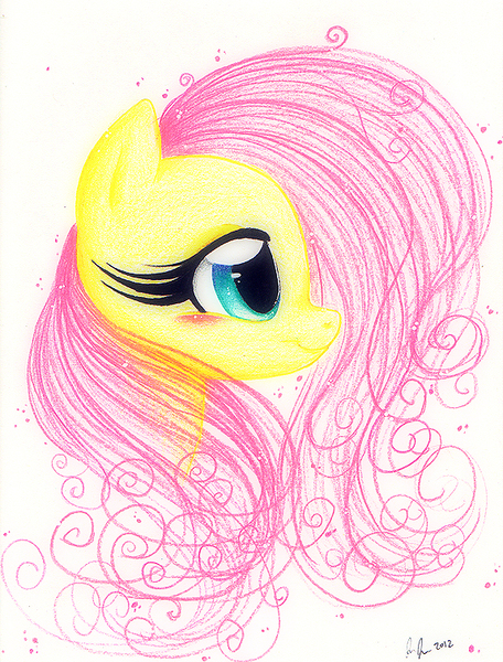 Size: 574x756 | Tagged: safe, artist:prettypinkpony, derpibooru import, fluttershy, pegasus, pony, beautiful, blushing, bust, colored pencil drawing, cute, daaaaaaaaaaaw, eyelashes, female, mare, portrait, profile, shyabetes, simple background, smiling, solo, swirls, traditional art, white background