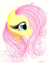 Size: 574x756 | Tagged: safe, artist:prettypinkpony, derpibooru import, fluttershy, pegasus, pony, beautiful, blushing, bust, colored pencil drawing, cute, daaaaaaaaaaaw, eyelashes, female, mare, portrait, profile, shyabetes, simple background, smiling, solo, swirls, traditional art, white background