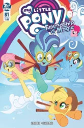 Size: 1032x1566 | Tagged: safe, artist:nicoletta baldari, derpibooru import, idw, applejack, fluttershy, pinkie pie, rainbow dash, wind sock, earth pony, pegasus, pony, spoiler:comic, spoiler:comic81, artificial wings, augmented, backwards cutie mark, cover, female, flying, glider, mechanical wing, rainbow, wings