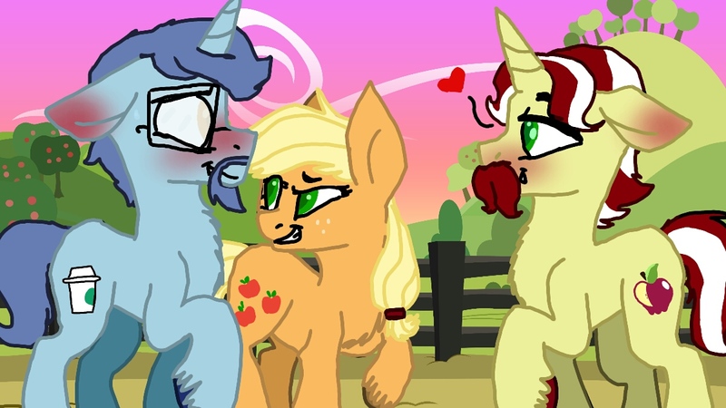 Size: 1200x675 | Tagged: safe, artist:primstreak97, derpibooru import, applejack, cuppa joe, flam, pony, base used, blushing, blushing profusely, colored hooves, ear blush, facial hair, gay, glasses, heart, male, shipping, sweet apple acres