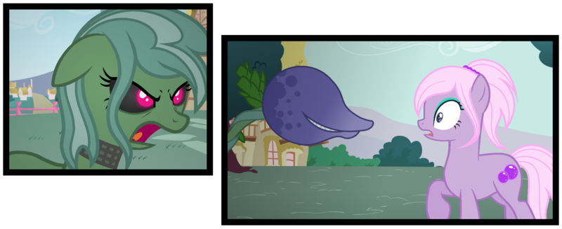 Size: 2544x1040 | Tagged: safe, artist:razorbladetheunicron, derpibooru import, oc, oc:lilac, oc:lost woods, oc:prairie, earth pony, monster pony, original species, piranha plant pony, plant pony, pony, lateverse, augmented tail, base used, corrupted, evil, eyeshadow, female, makeup, mare, next generation, offspring, parent:birch bucket, parent:lotus blossom, parents:lotusbucket, piranha plant, plant, ponytail, twins