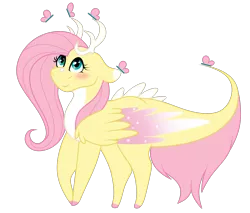 Size: 2000x1700 | Tagged: antlers, artist:1joshlerr, blushing, butterfly, colored wings, colored wingtips, derpibooru import, dragon, dragonified, female, flutterdragon, fluttershy, looking up, pale belly, safe, simple background, smiling, solo, sparkly wings, species swap, transparent background, vector, wings