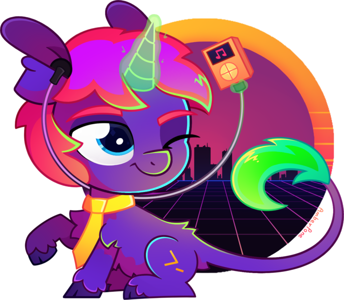 Size: 1426x1247 | Tagged: safe, artist:amberpone, derpibooru import, oc, oc:rhythmic code, unofficial characters only, pony, unicorn, big head, blue eyes, colorful, cute, digital art, earbuds, eyebrows, fluffy, horn, lighting, looking at something, magic, male, mp3 player, music, necktie, one eye closed, outrun, paint tool sai, ponysona, purple, request, shading, simple background, sitting, smiling, stallion, synthwave, transparent background