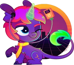 Size: 1426x1247 | Tagged: safe, artist:amberpone, derpibooru import, oc, oc:rhythmic code, unofficial characters only, pony, unicorn, big head, blue eyes, colorful, cute, digital art, earbuds, eyebrows, fluffy, horn, lighting, looking at something, magic, male, mp3 player, music, necktie, one eye closed, outrun, paint tool sai, ponysona, purple, request, shading, simple background, sitting, smiling, stallion, synthwave, transparent background