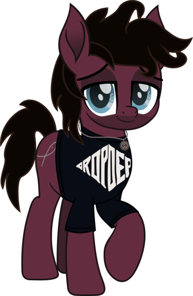 Size: 796x1222 | Tagged: safe, artist:lightningbolt, derpibooru import, ponified, ponified:jordan fish, pony, .svg available, bring me the horizon, clothes, colored pupils, disguise, disguised seapony, drop dead clothing, facial hair, jewelry, lidded eyes, looking at you, male, movie accurate, necklace, raised hoof, shirt, simple background, smiling, solo, stallion, svg, t-shirt, transparent background, vector