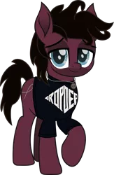 Size: 796x1222 | Tagged: safe, artist:lightningbolt, derpibooru import, ponified, ponified:jordan fish, pony, .svg available, bring me the horizon, clothes, colored pupils, disguise, disguised seapony, drop dead clothing, facial hair, jewelry, lidded eyes, looking at you, male, movie accurate, necklace, raised hoof, shirt, simple background, smiling, solo, stallion, svg, t-shirt, transparent background, vector