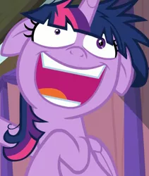 Size: 913x1080 | Tagged: safe, derpibooru import, screencap, twilight sparkle, twilight sparkle (alicorn), alicorn, pony, a trivial pursuit, crazy face, faic, female, floppy ears, mare, messy mane, open mouth, shrunken pupils, smiling, solo focus, twilight snapple, twilight sparkle is best facemaker, twilighting, twilynanas, wide eyes