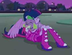 Size: 1229x945 | Tagged: safe, derpibooru import, screencap, spike, twilight sparkle, twilight sparkle (alicorn), alicorn, dog, equestria girls, equestria girls (movie), boots, clothes, cute, dress, fall formal outfits, female, high heel boots, hug, male, night, night sky, ponied up, shoes, sky, sparkles, spikabetes, spike the dog, spikelove, twiabetes, twilight ball dress, wings