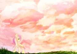 Size: 1593x1116 | Tagged: safe, artist:dddreamdraw, derpibooru import, fluttershy, pegasus, pony, cloud, cloudscape, colored wings, female, folded wings, grass, grass field, head turn, looking away, looking up, mare, outdoors, palindrome get, sky, solo, standing, wings