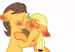 Size: 489x338 | Tagged: safe, artist:primstreak97, derpibooru import, applejack, caramel, earth pony, pony, blushing, carajack, female, floppy ears, kissing, male, mare, shipping, simple background, stallion, straight, white background