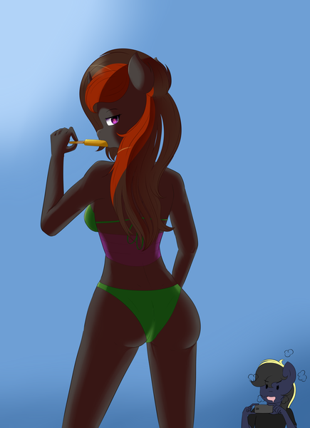 Size: 2900x4000 | Tagged: anthro, artist:fluttair, ass, breasts, butt, changeling, clothes, derpibooru import, oc, oc:onyx dust, oc:thunderbolt, suggestive, swimsuit, unofficial characters only