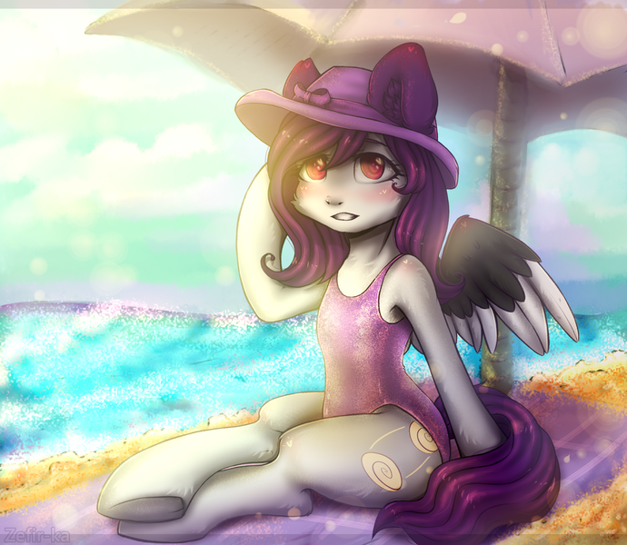 Size: 2300x2000 | Tagged: safe, artist:zefirka, derpibooru import, oc, oc:cinnamon twist, pegasus, pony, beach, clothes, cute, hat, looking at you, ocbetes, ocean, one-piece swimsuit, sitting, sky, solo, spread wings, sun hat, swimsuit, three quarter view, wings