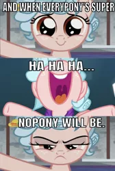 Size: 642x956 | Tagged: safe, derpibooru import, edit, edited screencap, editor:undeadponysoldier, screencap, cozy glow, pegasus, pony, school raze, angry, caption, cozy glow is best facemaker, cozy glow is not amused, cozybetes, cute, evil laugh, female, filly, foal, freckles, image macro, laughing, logo, madorable, meme, nick jr., open mouth, reference, solo, syndrome, text, the incredibles