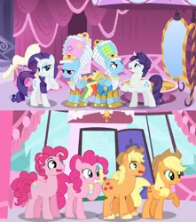 Size: 1024x1158 | Tagged: safe, artist:almostfictional, artist:djdavid98 edits, artist:hawk9mm, artist:trotsworth, artist:uponia, derpibooru import, applejack, pinkie pie, rainbow dash, rarity, pony, swarm of the century, applejack (male), bubble berry, clothes, comic, dashie antoinette, dress, elusive, excited, female, happy, male, powdered wig, rainbow blitz, rainbow blitz always dresses in style, rainbow dash always dresses in style, rule 63, too frilly, unamused