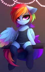 Size: 1920x3023 | Tagged: suggestive, artist:magnaluna, derpibooru import, rainbow dash, pegasus, semi-anthro, adorasexy, backwards cutie mark, black underwear, camisole, clothes, colored wings, cute, cutie mark, dress, eyeshadow, female, frilly underwear, gradient wings, lingerie, looking at you, makeup, mare, multicolored wings, panties, rainbow wings, sexy, sitting, smiling, socks, solo, stupid sexy rainbow dash, thigh highs, underwear, wings
