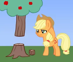 Size: 582x489 | Tagged: safe, artist:djdavid98, derpibooru import, applejack, pony, apple, apple tree, atg 2019, confused, crossover, food, fuck logic, minecraft, newbie artist training grounds, solo, tree, video game crossover, video game logic