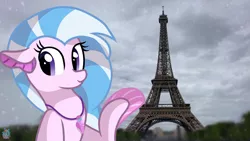 Size: 2560x1440 | Tagged: safe, artist:rainbow eevee, derpibooru import, silverstream, pony, seapony (g4), cloud, cloudy, cute, diastreamies, eiffel tower, europe, female, fin, france, irl, jewelry, necklace, paris, photo, ponies in real life, selfie, smiling, solo