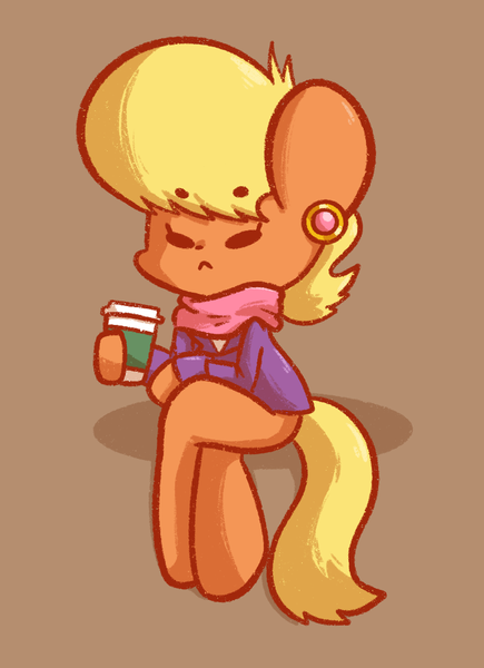 Size: 775x1069 | Tagged: safe, artist:typhwosion, derpibooru import, ms. harshwhinny, pony, beanbrows, brown background, chibi, coffee mug, crossed legs, cute, ear piercing, earring, eyebrows, hoof hold, jewelry, ms. cutewhinny, mug, piercing, simple background, solo