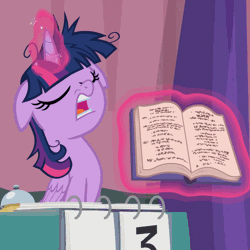 Size: 1080x1080 | Tagged: safe, derpibooru import, screencap, twilight sparkle, twilight sparkle (alicorn), alicorn, pony, a trivial pursuit, animated, book, faic, floppy ears, gif, glowing horn, horn, magic, messy mane, rules lawyer, rules prosecutor, telekinesis, twilight snapple, twilighting, written equestrian