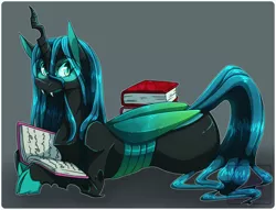 Size: 1400x1068 | Tagged: artist:pastel-pony-pictures, book, changeling, changeling queen, derpibooru import, dork, dorkalis, fangs, female, glasses, looking at you, nerd, prone, quadrupedal, queen chrysalis, reading, safe, slit eyes, slit pupils, solo