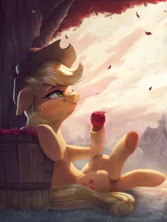 Size: 3000x4000 | Tagged: safe, artist:vanillaghosties, derpibooru import, applejack, earth pony, pony, apple, applejack's hat, cowboy hat, crossed hooves, cutie mark, eating, falling leaves, female, floppy ears, food, freckles, hat, hoof hold, looking away, mare, outdoors, scenery, sitting, smiling, solo, under the tree, underhoof