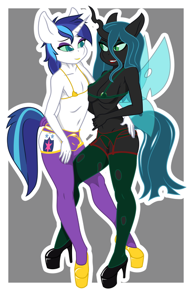 Size: 1653x2500 | Tagged: questionable, alternate version, artist:up1ter, derpibooru import, queen chrysalis, shining armor, anthro, breasts, clothes, crotch bulge, female, femboy, image, infidelity, looking at each other, male, png, shining chrysalis, shining femboy armor, shipping, smiling, socks, straight, thigh highs, underwear