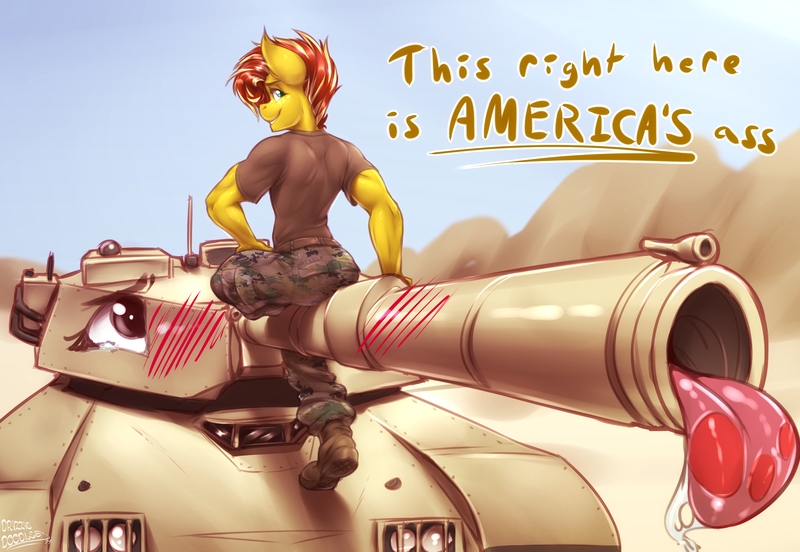 Size: 2899x2000 | Tagged: suggestive, artist:drizziedoodles, derpibooru import, oc, oc:honey drizzle, unofficial characters only, anthro, ahegao, ass, avengers: endgame, blushing, boots, butt, camouflage, clothes, cursed image, desert, drool, looking over shoulder, m1 abrams, male, meme, not salmon, open mouth, shitposting, shoes, tank (vehicle), tongue out, uniform, vulgar, wat