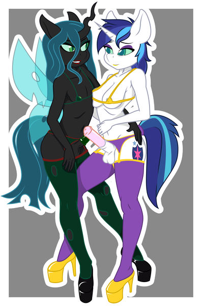 Size: 1653x2500 | Tagged: explicit, alternate version, artist:up1ter, derpibooru import, queen chrysalis, shining armor, anthro, changeling, changeling queen, plantigrade anthro, unicorn, bikini, breasts, clothes, corrupted, cutie mark, erection, eyeshadow, female, futa, futa gleaming shield, futa only, futa queen chrysalis, garter belt, gleaming chrysalis, gleaming shield, half r63 shipping, high res, horsecock, image, infidelity, intersex, lesbian, lidded eyes, lipstick, looking at each other, makeup, male, micro bikini, nipples, nudity, penis, png, rule 63, shining chrysalis, shipping, simple background, smiling, socks, straight, swimsuit, tail wrap, thigh highs