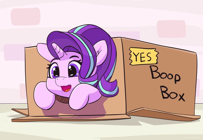 Size: 5162x3554 | Tagged: safe, artist:pabbley, derpibooru import, starlight glimmer, pony, unicorn, boop box, box, cute, female, glimmerbetes, happy, imminent boop, mare, open mouth, pony in a box, smiling, solo, sweet dreams fuel, wrong eye color