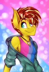 Size: 1319x1923 | Tagged: abstract background, anthro, artist:drizziedoodles, bisexual, bisexual pride flag, clothes, derpibooru import, freckles, hoodie, jewelry, necklace, oc, oc:honey drizzle, pride, pride flag, pride month, safe, shark tooth, shark tooth necklace, smiling, solo, tanktop, unofficial characters only