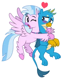 Size: 799x1000 | Tagged: safe, artist:aleximusprime, derpibooru import, gallus, silverstream, bird, gryphon, hippogriff, birb, blushing, crush, cute, diastreamies, female, flying, gallabetes, gallstream, heart, hug, hug from behind, love, male, one eye closed, one eye open, pair, pictogram, shipping, simple background, straight, transparent background, wink