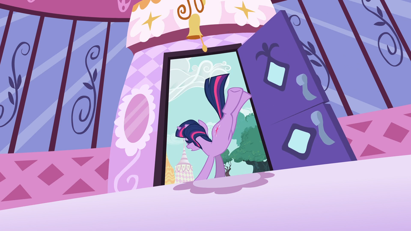 Size: 1920x1080 | Tagged: safe, derpibooru import, screencap, twilight sparkle, pony, unicorn, lesson zero, bell, bucking, carousel boutique, door, dutch angle, dynamic entry, mirror, solo, unicorn twilight