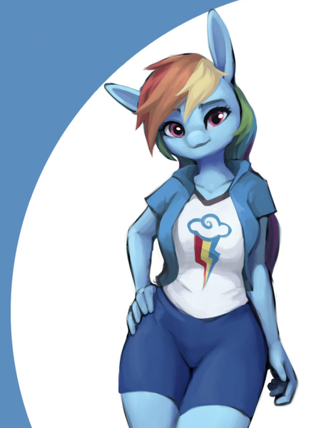 Size: 960x1280 | Tagged: safe, artist:stardep, derpibooru import, rainbow dash, anthro, pegasus, breasts, busty rainbow dash, clothes, cropped, cute, dashabetes, female, hand on hip, long ears, looking at you, mare, shirt, shorts, solo