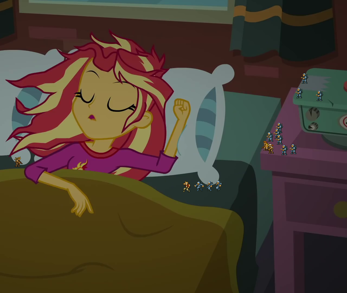 Size: 1280x1080 | Tagged: safe, derpibooru import, sunset shimmer, human, equestria girls, bed, crossover, eri kasamoto, fiolina germi, marco rossi, metal slug, pixel art, regular army, sleeping, sneaking, sprite, sunset's apartment, tarma roving