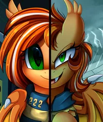 Size: 2550x3009 | Tagged: safe, artist:pridark, derpibooru import, oc, oc:pumpkin patch, unofficial characters only, bat pony, pony, bat pony oc, bat wings, bust, clothes, commission, high res, looking at you, open mouth, portrait, smiling, solo, two sided posters, wings