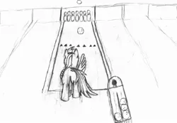 Size: 2304x1597 | Tagged: safe, artist:captain conundrum, derpibooru import, rainbow dash, pony, /mlp/, bowling, bowling alley, bowling ball, drawthread, sketch, solo, traditional art
