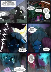 Size: 2481x3508 | Tagged: safe, artist:dsana, derpibooru import, fizzlepop berrytwist, tempest shadow, oc, oc:lullaby dusk, oc:midnight serenity, oc:thistledown, earth pony, pegasus, pony, unicorn, comic:a storm's lullaby, comic, female, heterochromia, mare, rain, scared, storm