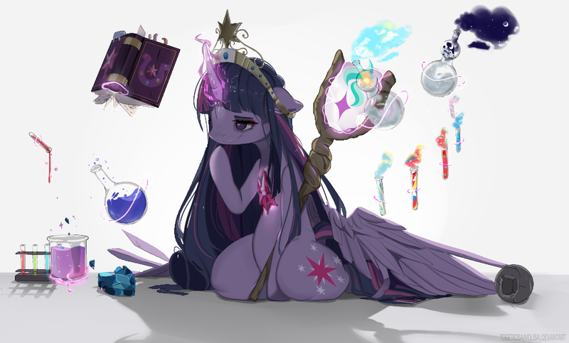 Size: 1032x623 | Tagged: safe, artist:togeticisa, derpibooru import, princess celestia, princess luna, starlight glimmer, twilight sparkle, twilight sparkle (alicorn), alicorn, pony, the cutie map, alchemy, big crown thingy, blood, book, crystal heart, cutie mark, element of magic, jewelry, potion, regalia, solo, staff, staff of sameness, tiara